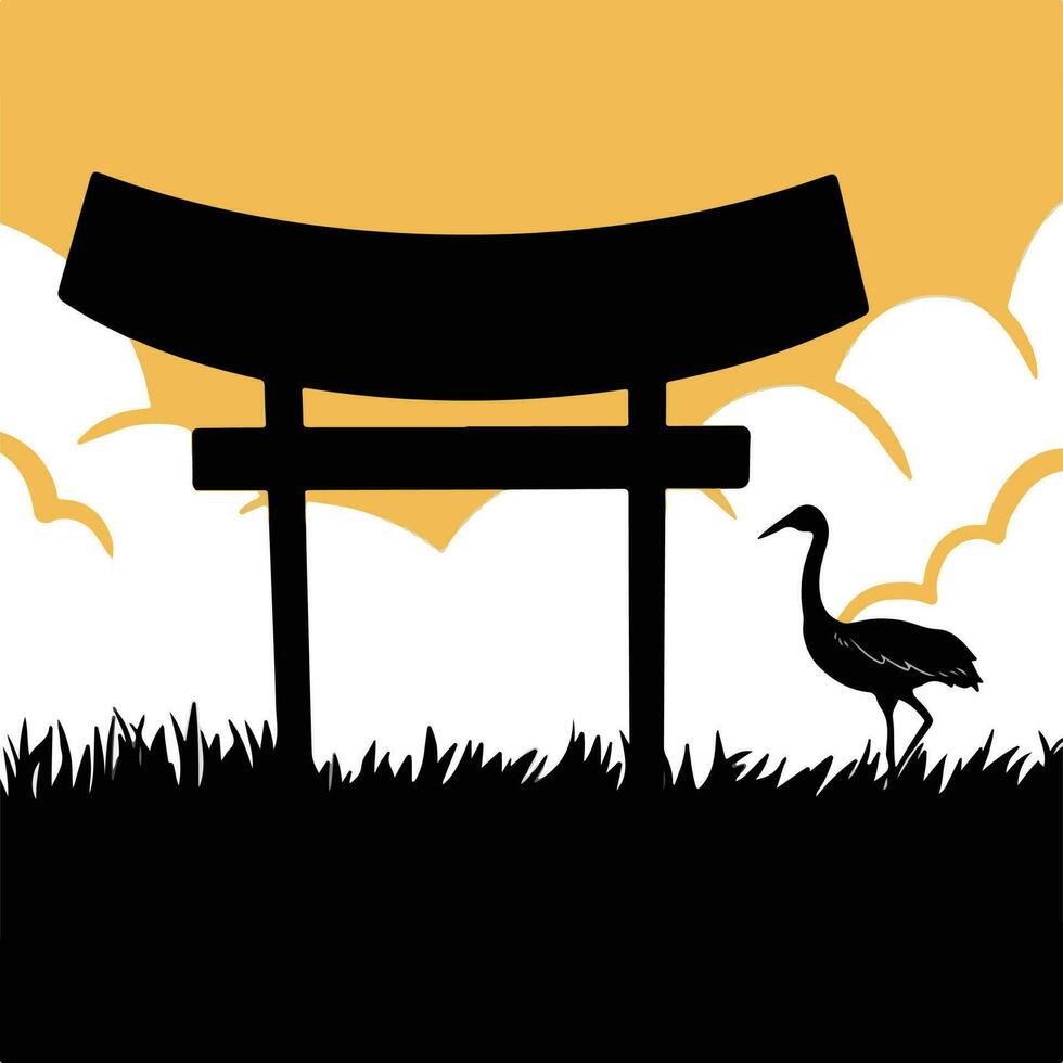 Japanese shrine gate and flamingo cane bird vector silhouette isolated on evening orange sky and grass background. Simple flat art styled illustration on square template.