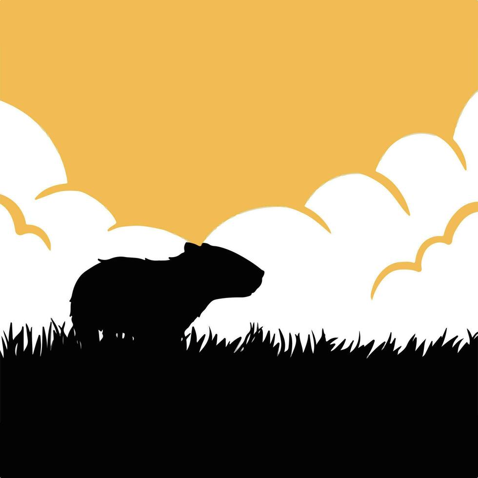 Capybara wild animal vector silhouette isolated on evening orange sky and grass background. Zoo wild life drawing. Simple flat art styled illustration on square template.