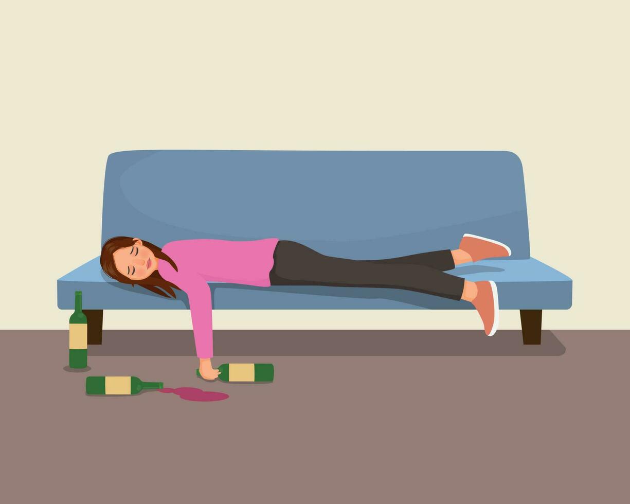 borracho joven mujer acostado en sofá con alcohol botellas en el piso vector