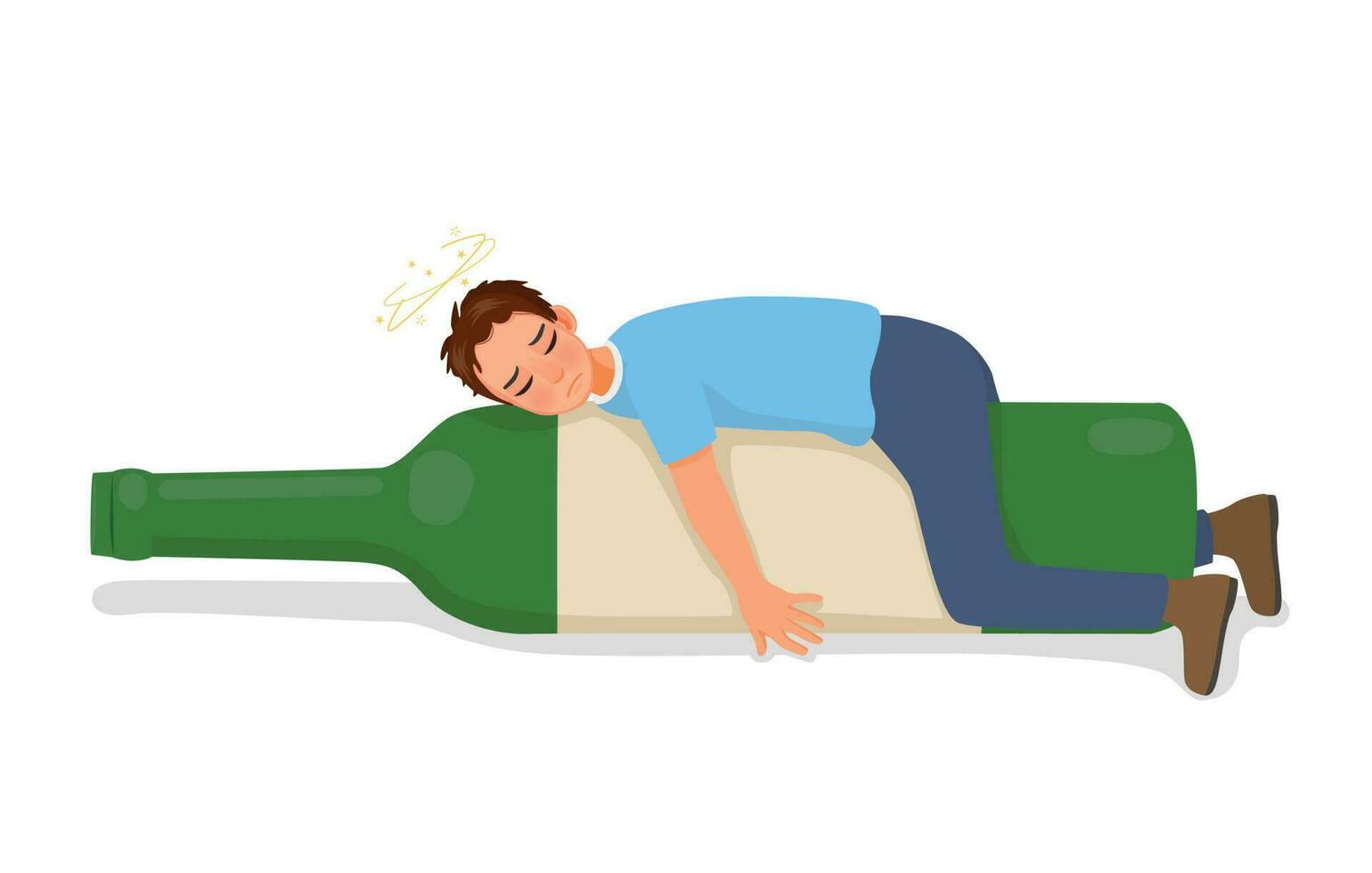 Drunk young man lying on alcohol bottles vector