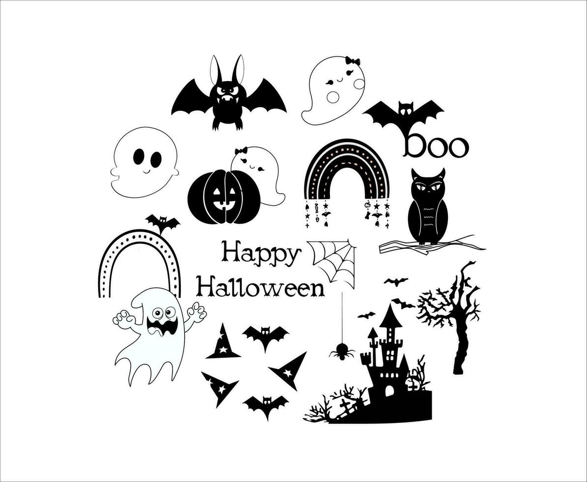 Bundle of silhouettes of Halloween on a white background. Vector illustrations, Happy Halloween design elements.