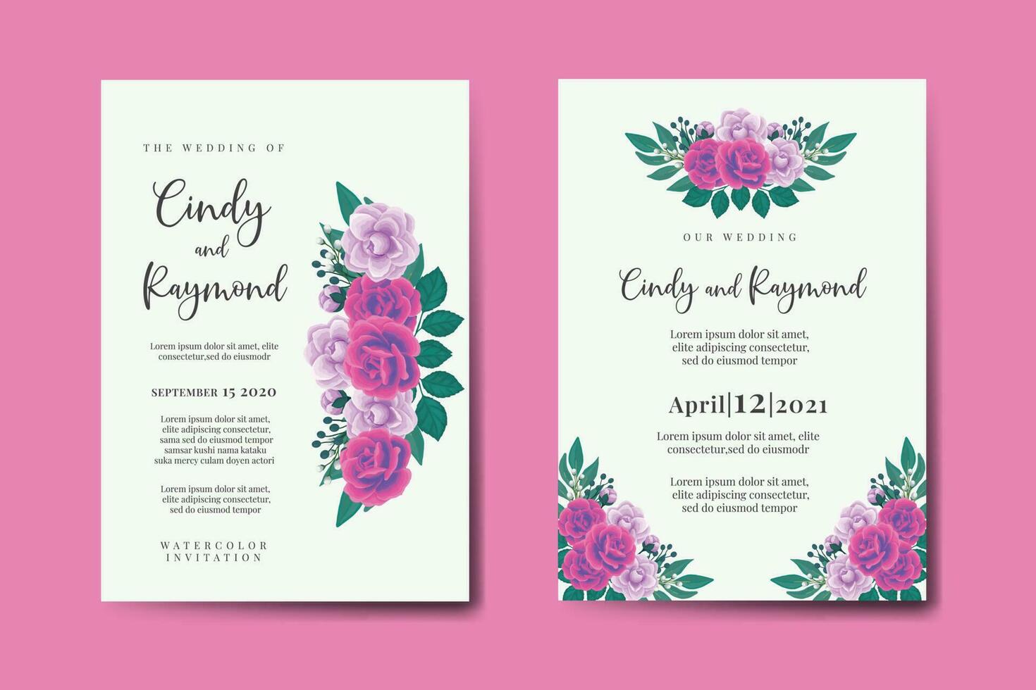 Wedding invitation frame set, floral watercolor Digital hand drawn Purple Anemone Flower design Invitation Card Template vector