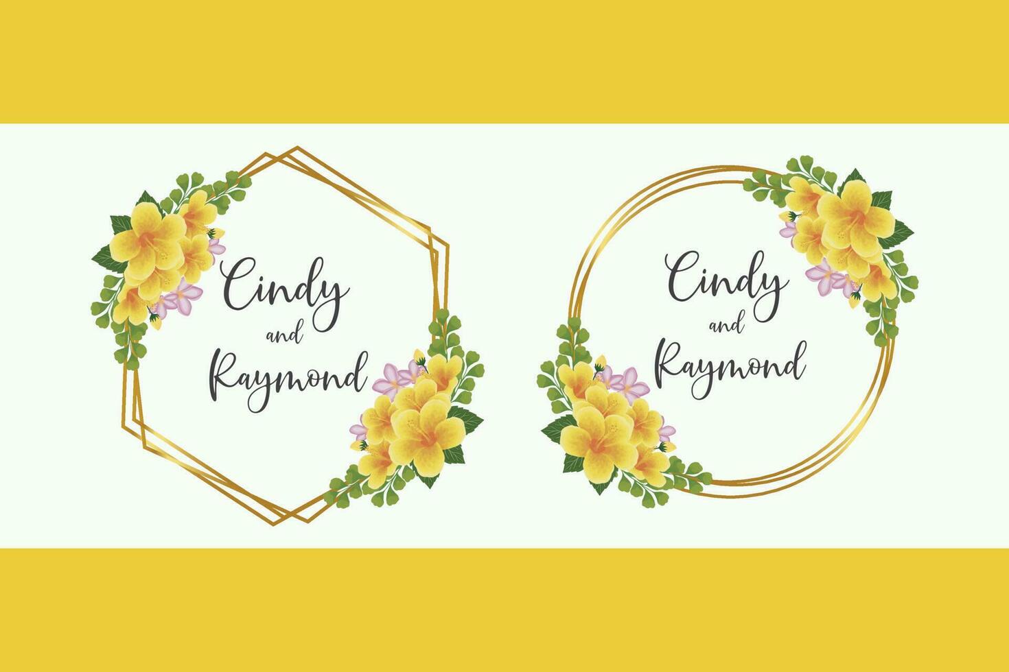 Wedding invitation frame set, floral watercolor Digital hand drawn Yellow Hibiscus Flower design Invitation Card Template vector
