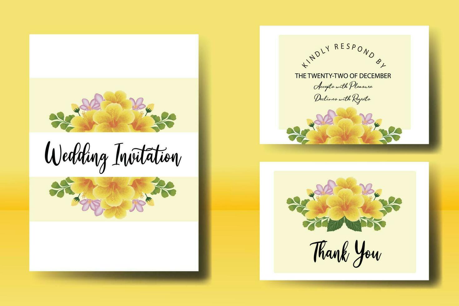 Wedding invitation frame set, floral watercolor Digital hand drawn Yellow Hibiscus Flower design Invitation Card Template vector