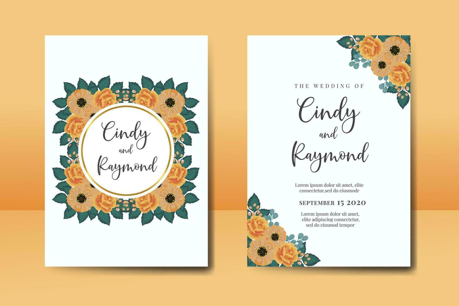 Wedding invitation frame set, floral watercolor Digital hand drawn Orange Rose and Anemone Flower design Invitation Card Template vector