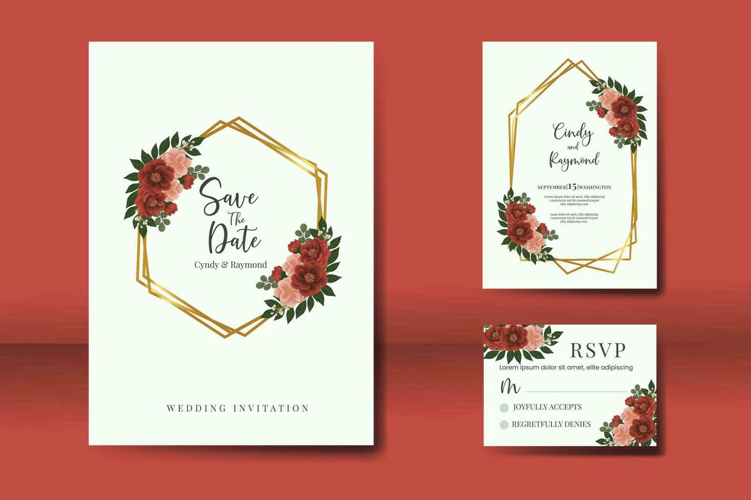 Wedding invitation frame set, floral watercolor Digital hand drawn red camellia Flower design Invitation Card Template vector