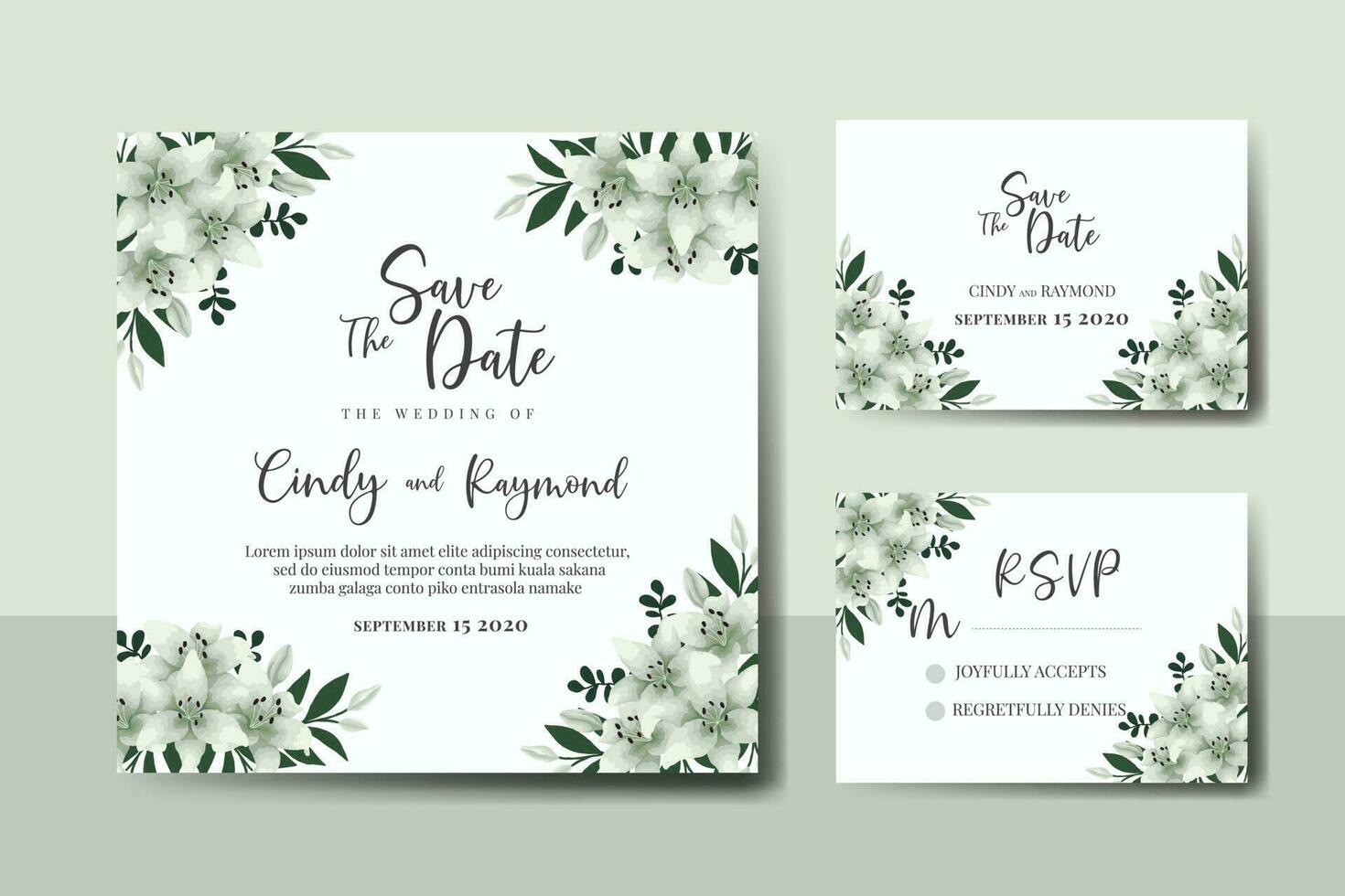 Wedding invitation frame set, floral watercolor Digital hand drawn White Lily Flower design Invitation Card Template vector