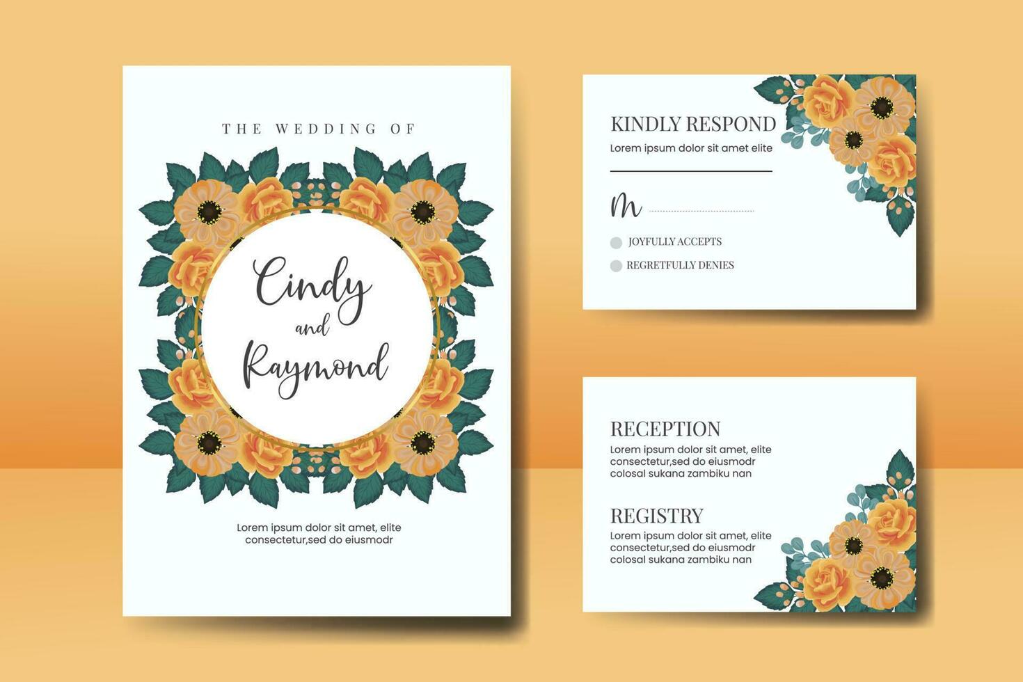 Wedding invitation frame set, floral watercolor Digital hand drawn Orange Rose and Anemone Flower design Invitation Card Template vector