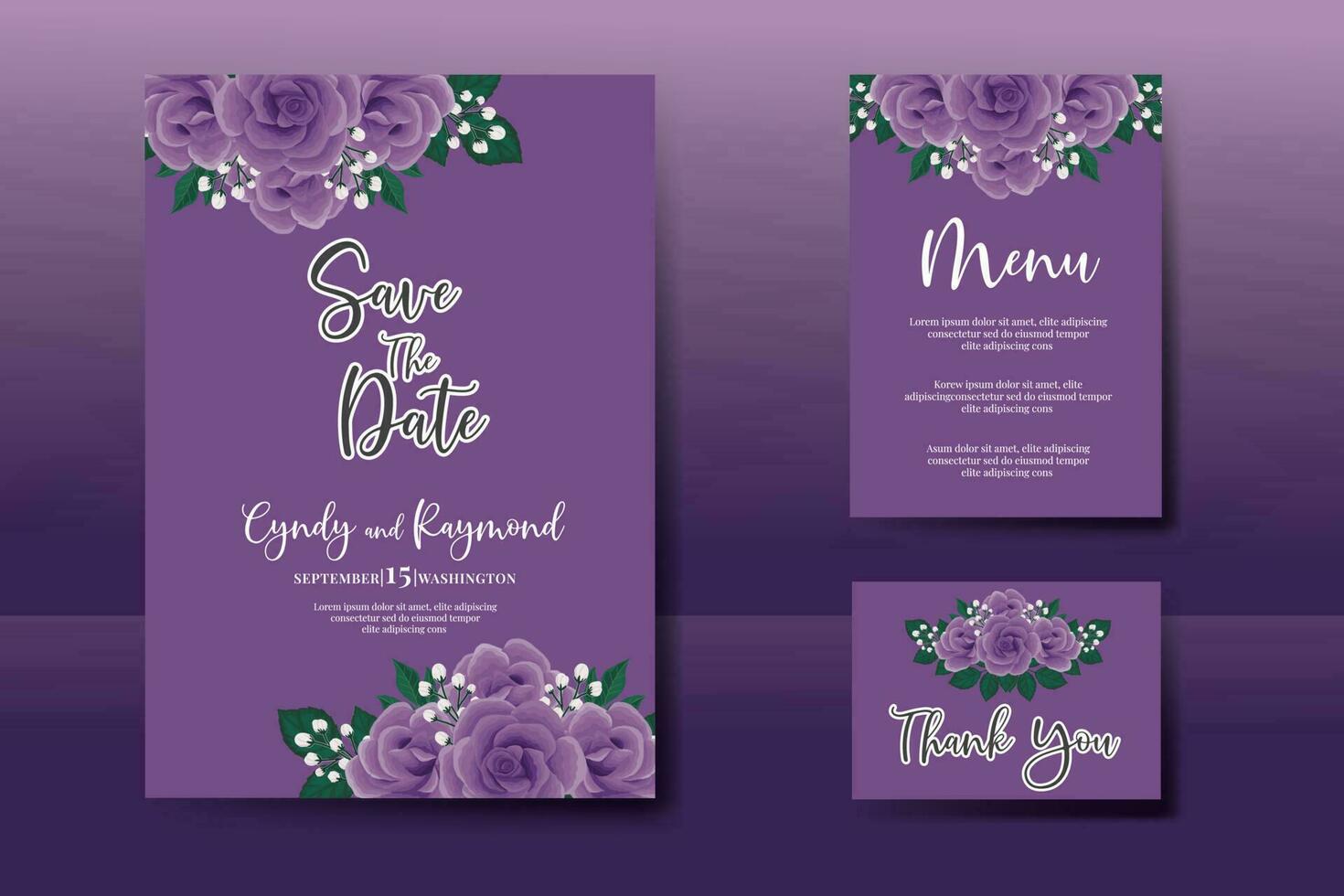 Wedding invitation frame set, floral watercolor Digital hand drawn Purple Rose Flower design Invitation Card Template vector