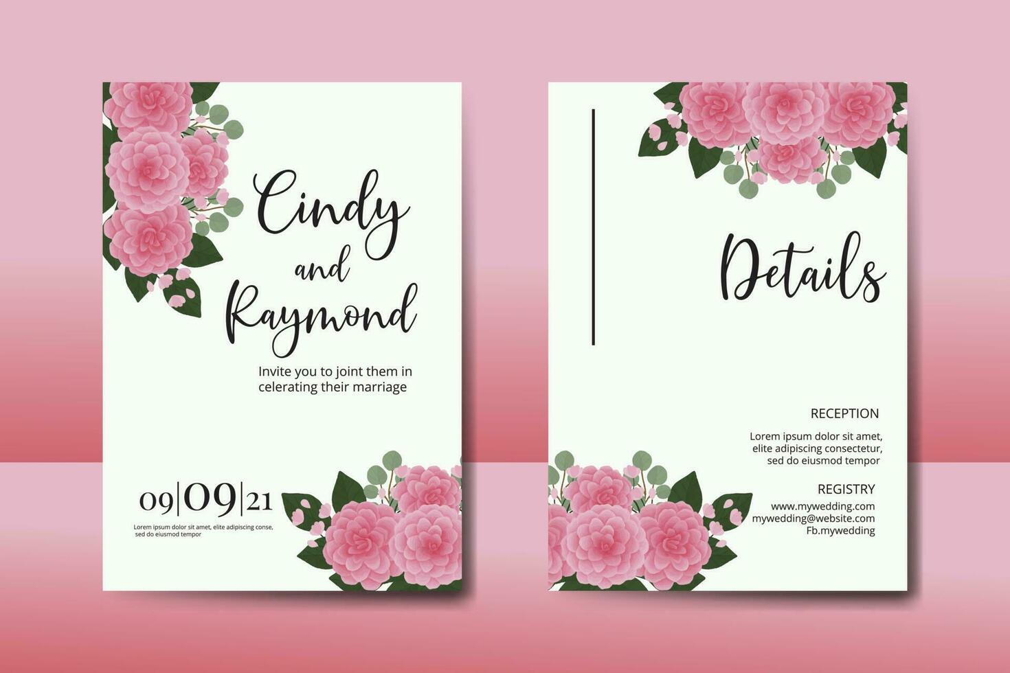 Wedding invitation frame set, floral watercolor Digital hand drawn Pink Dahlia Flower design Invitation Card Template vector