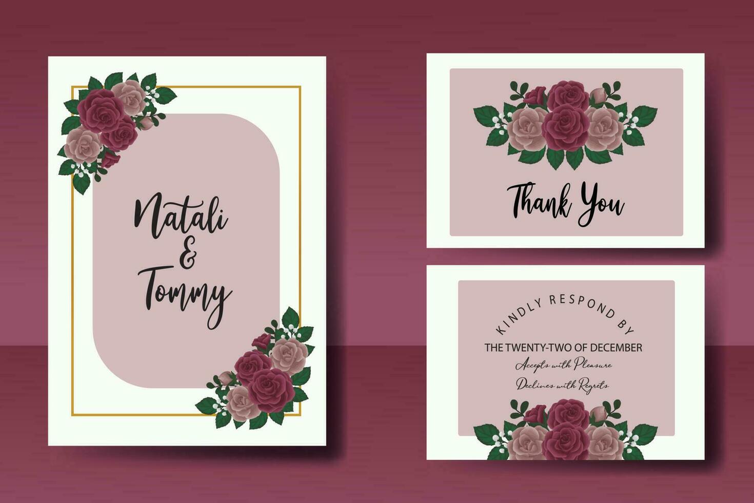 Wedding invitation frame set, floral watercolor Digital hand drawn Maroon Rose Flower design Invitation Card Template vector