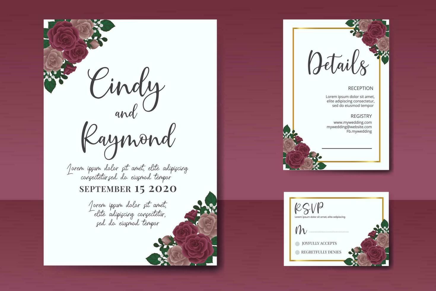 Wedding invitation frame set, floral watercolor Digital hand drawn Maroon Rose Flower design Invitation Card Template vector