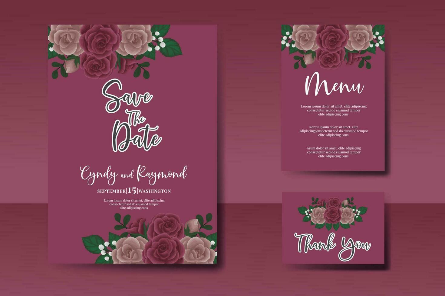 Wedding invitation frame set, floral watercolor Digital hand drawn Maroon Rose Flower design Invitation Card Template vector