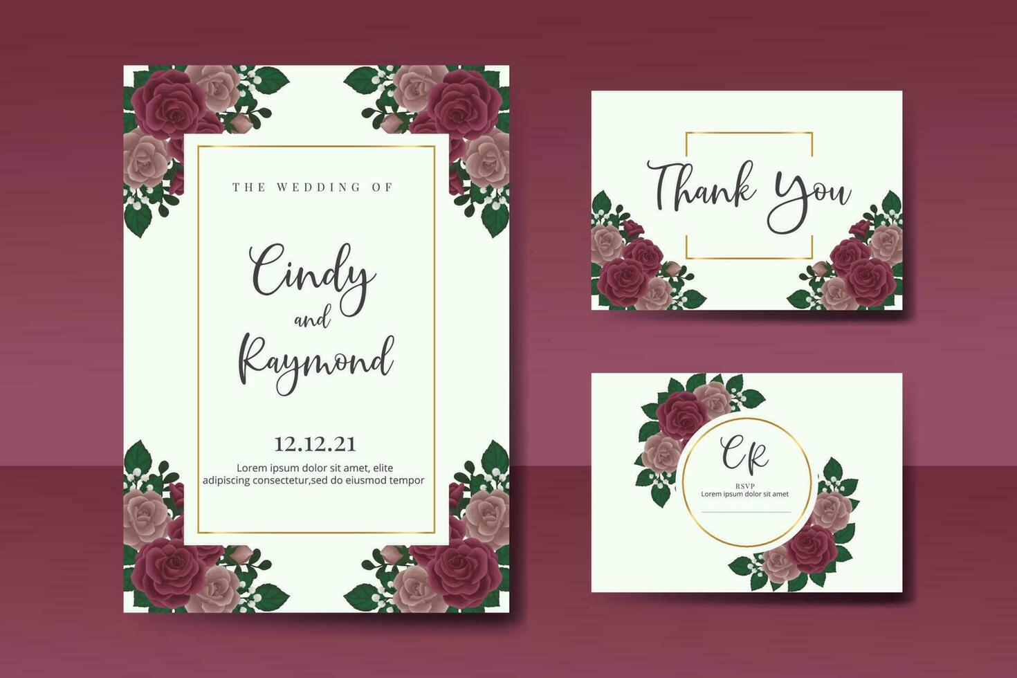 Wedding invitation frame set, floral watercolor Digital hand drawn Maroon Rose Flower design Invitation Card Template vector