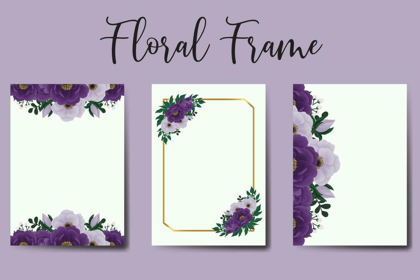 Wedding invitation frame set, floral watercolor Digital hand drawn Purple Peony Flower design Invitation Card Template vector