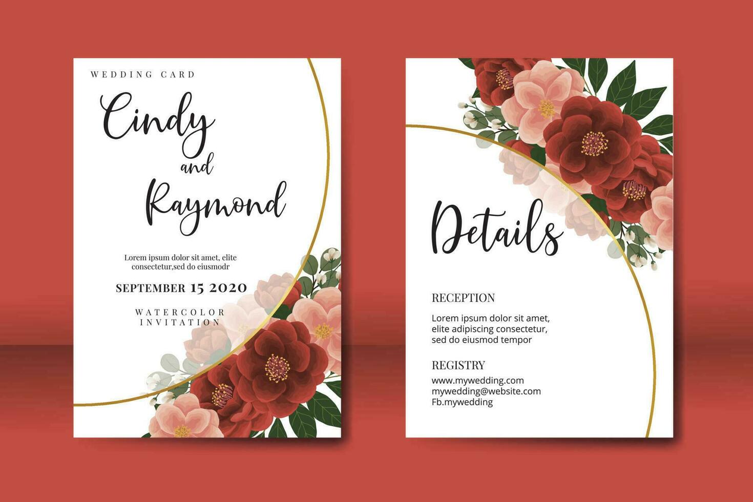 Wedding invitation frame set, floral watercolor Digital hand drawn red camellia Flower design Invitation Card Template vector