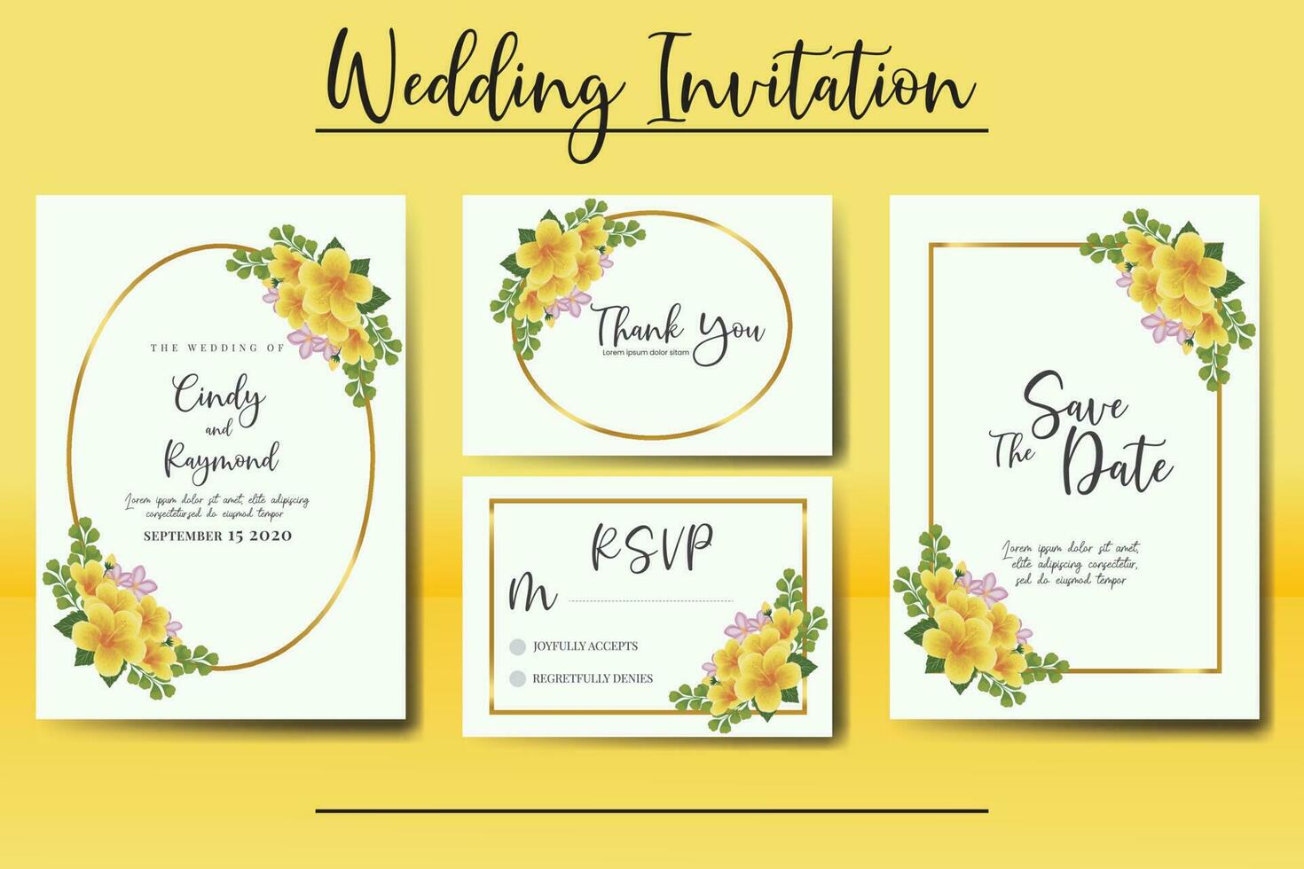 Wedding invitation frame set, floral watercolor Digital hand drawn Yellow Hibiscus Flower design Invitation Card Template vector