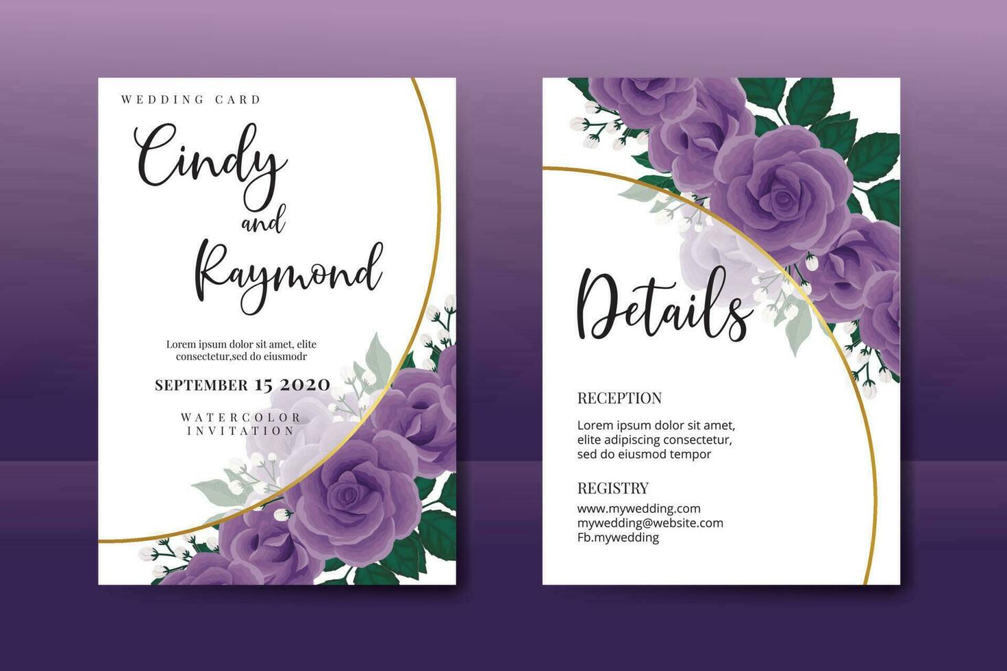 Wedding invitation frame set, floral watercolor Digital hand drawn Purple Rose Flower design Invitation Card Template vector