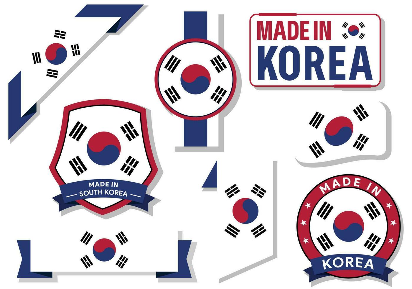 Collection of made in South Korea badges labels South Korea flags in ribbon vector illustration