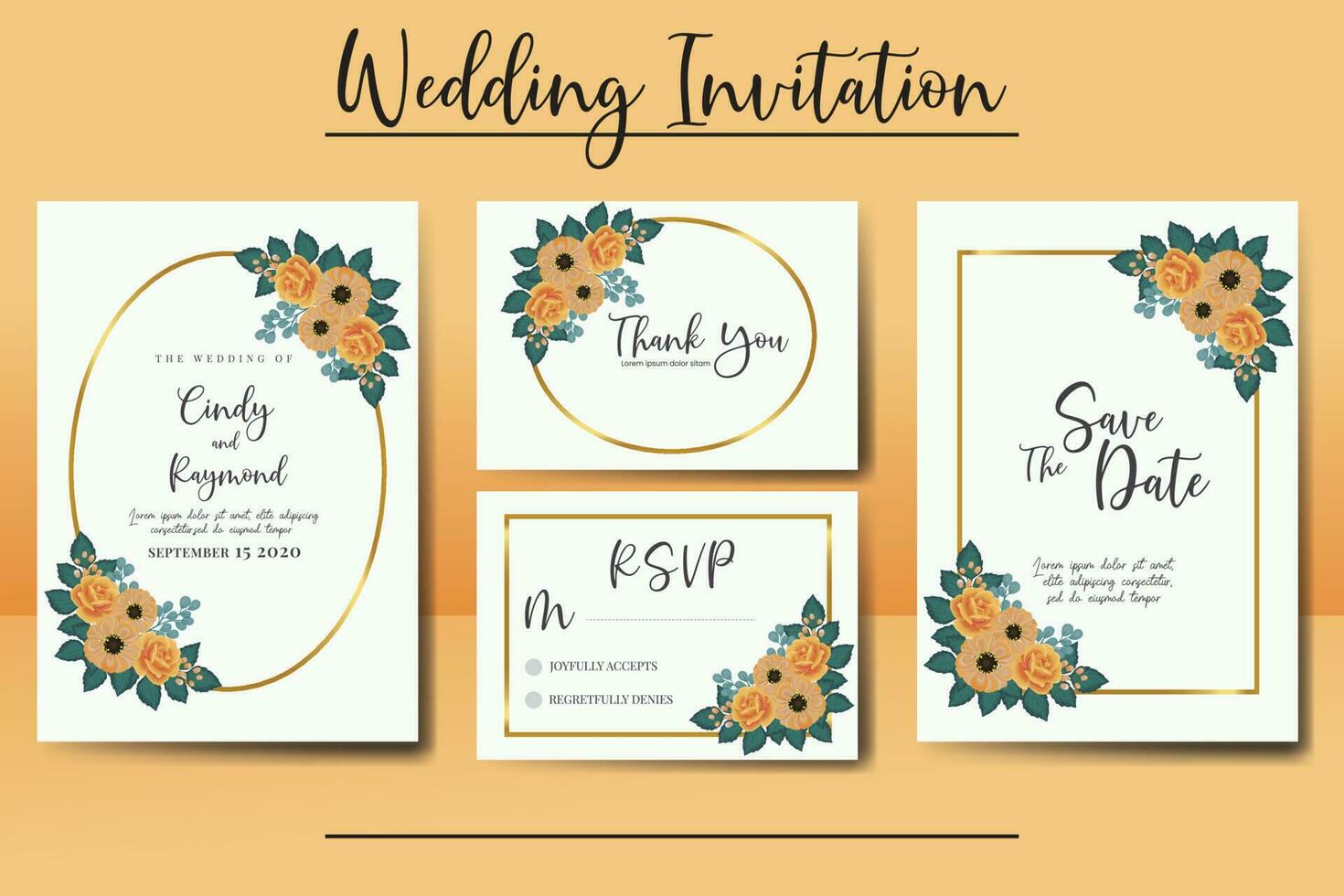 Wedding invitation frame set, floral watercolor Digital hand drawn Orange Rose and Anemone Flower design Invitation Card Template vector