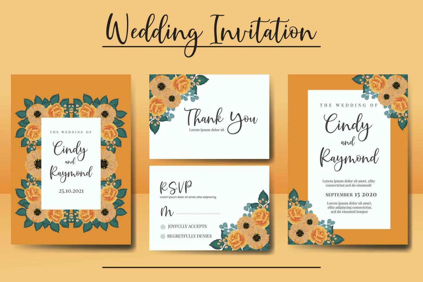 Wedding invitation frame set, floral watercolor Digital hand drawn Orange Rose and Anemone Flower design Invitation Card Template vector