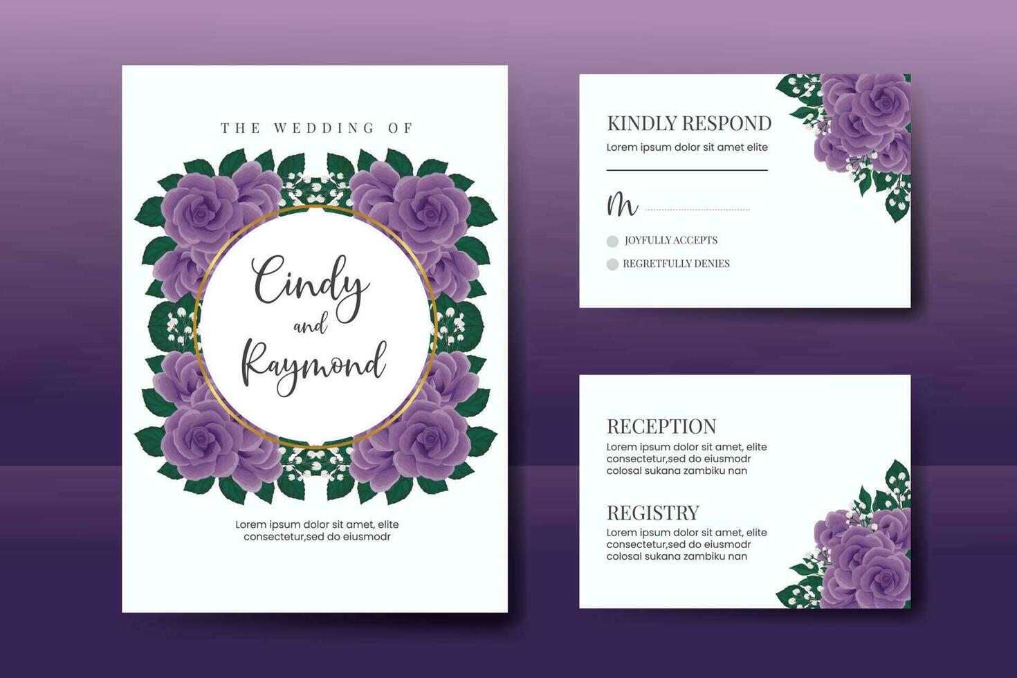 Wedding invitation frame set, floral watercolor Digital hand drawn Purple Rose Flower design Invitation Card Template vector