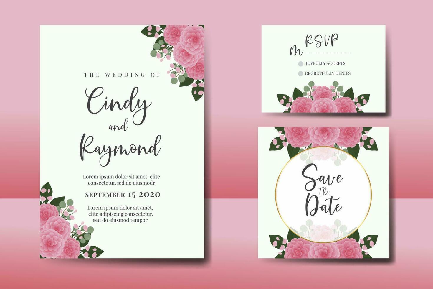 Wedding invitation frame set, floral watercolor Digital hand drawn Pink Dahlia Flower design Invitation Card Template vector