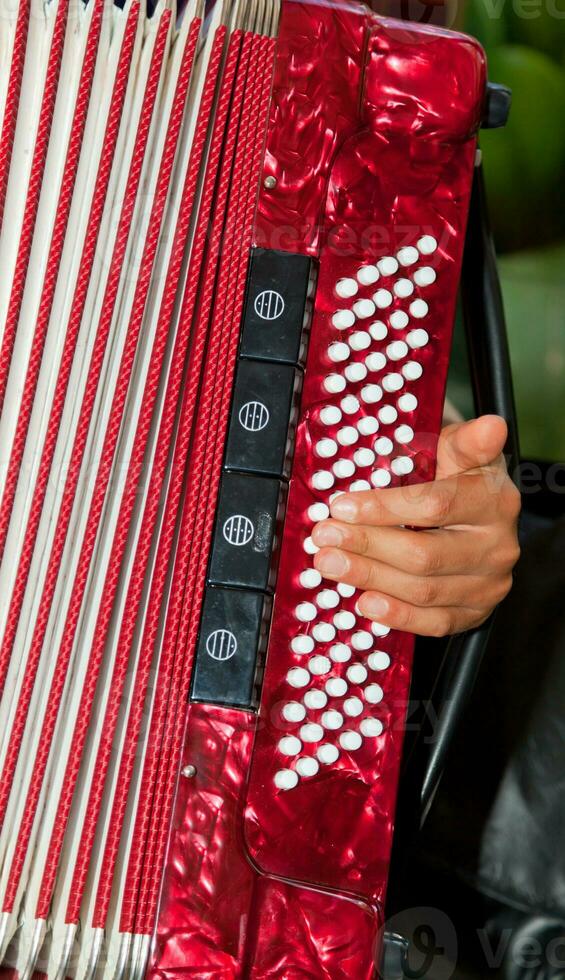 de cerca detalle de manos jugando un rojo acordeón instrumento foto