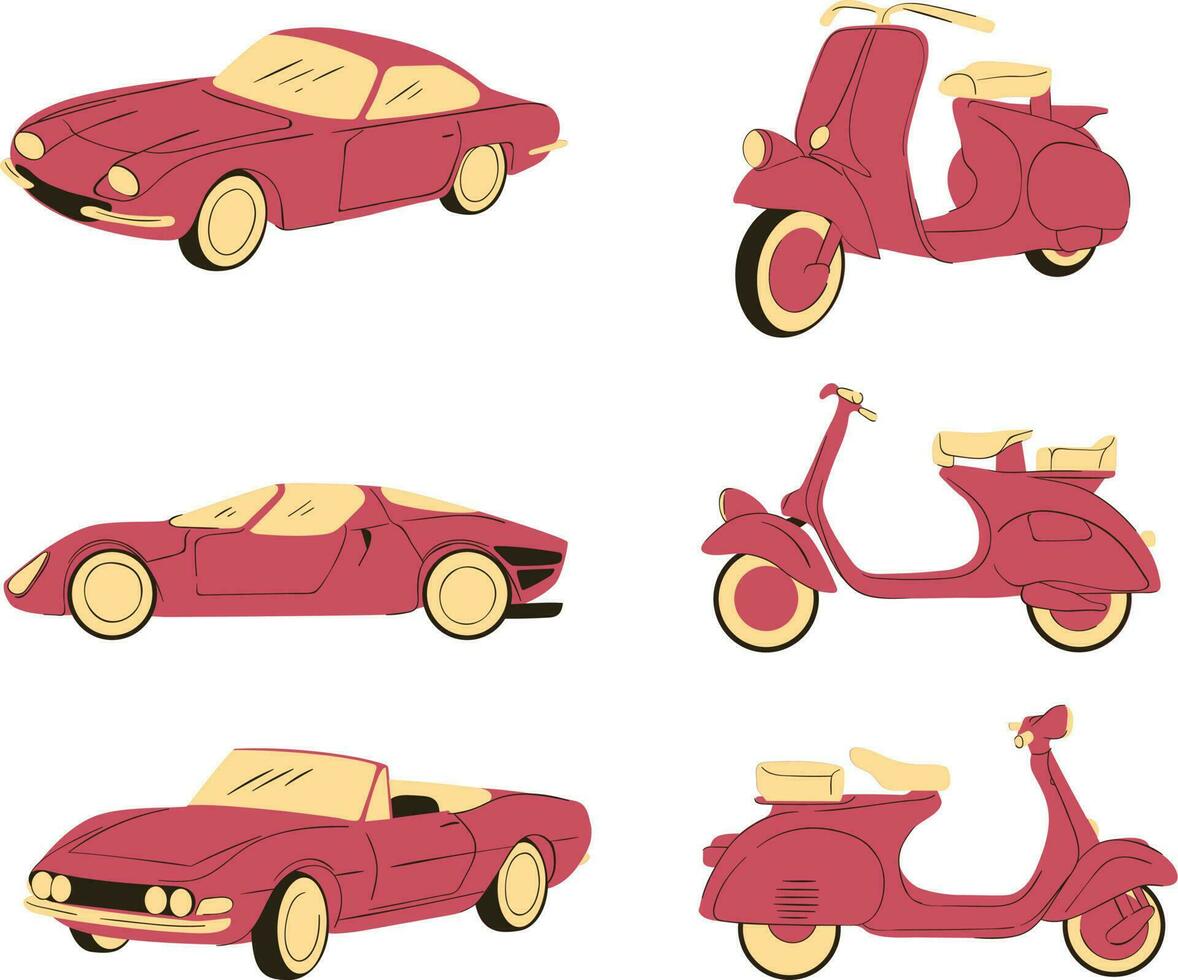 Set of vintage scooters and car . Vector illustration in a flat style.