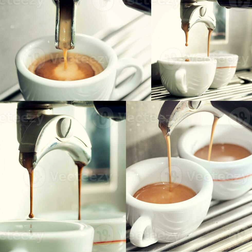 collage de un Café exprés máquina haciendo un taza de café. foto