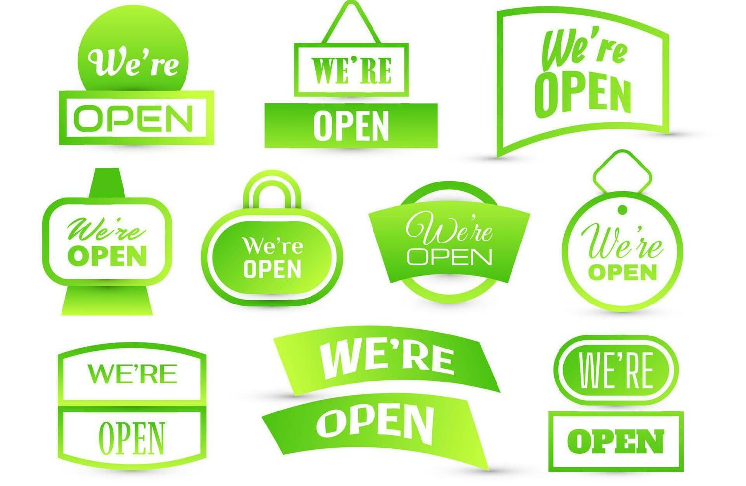 We Are Open, Text Collection for Sticker, Flyer, Header, Banner, Advertisement, and Announcement vector
