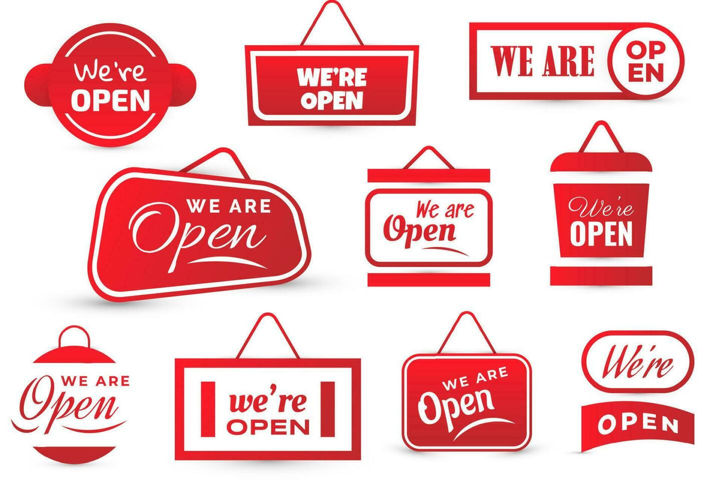 We Are Open, Text Collection for Sticker, Flyer, Header, Banner, Advertisement, and Announcement vector