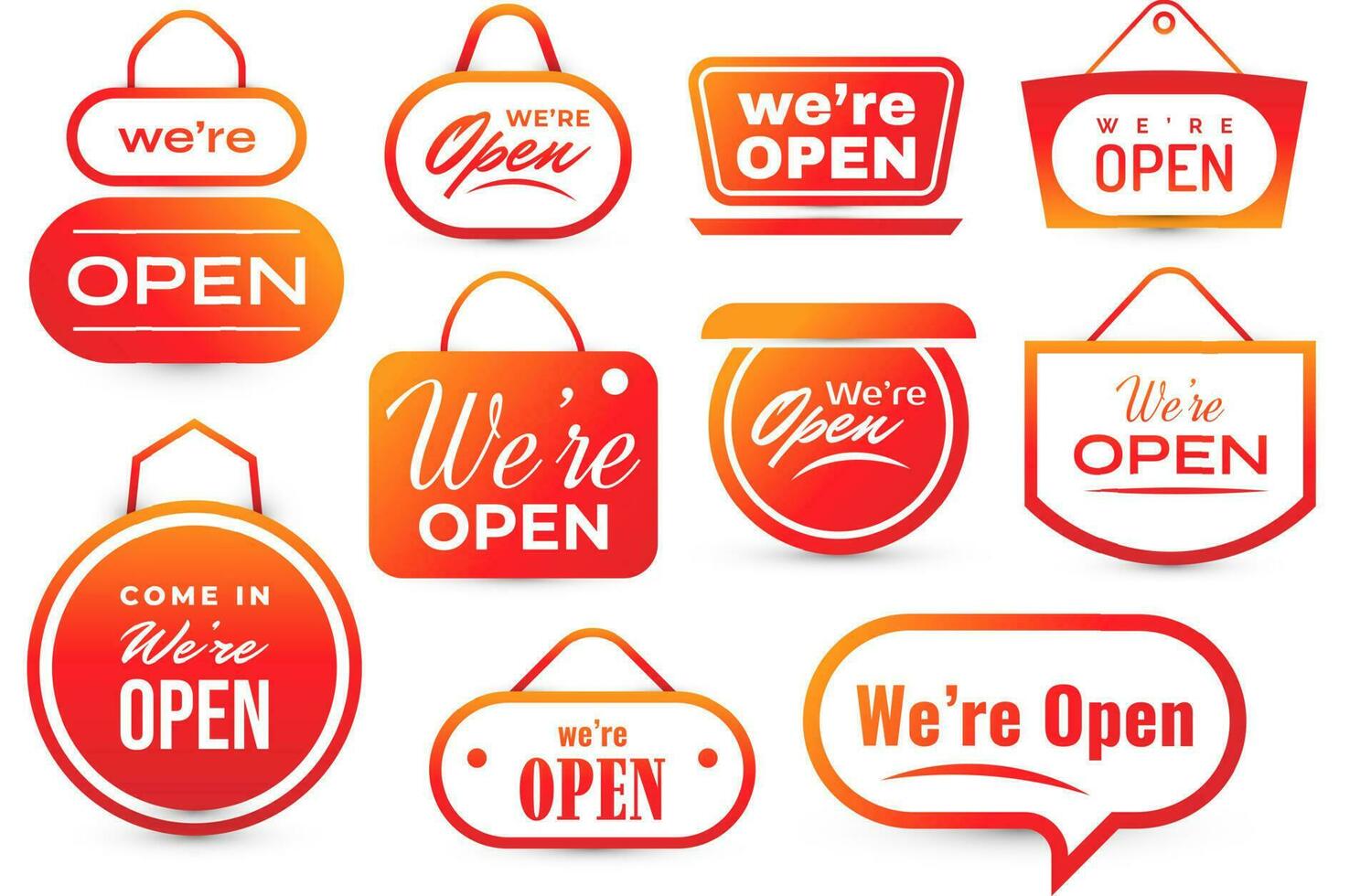 We Are Open, Text Collection for Sticker, Flyer, Header, Banner, Advertisement, and Announcement vector