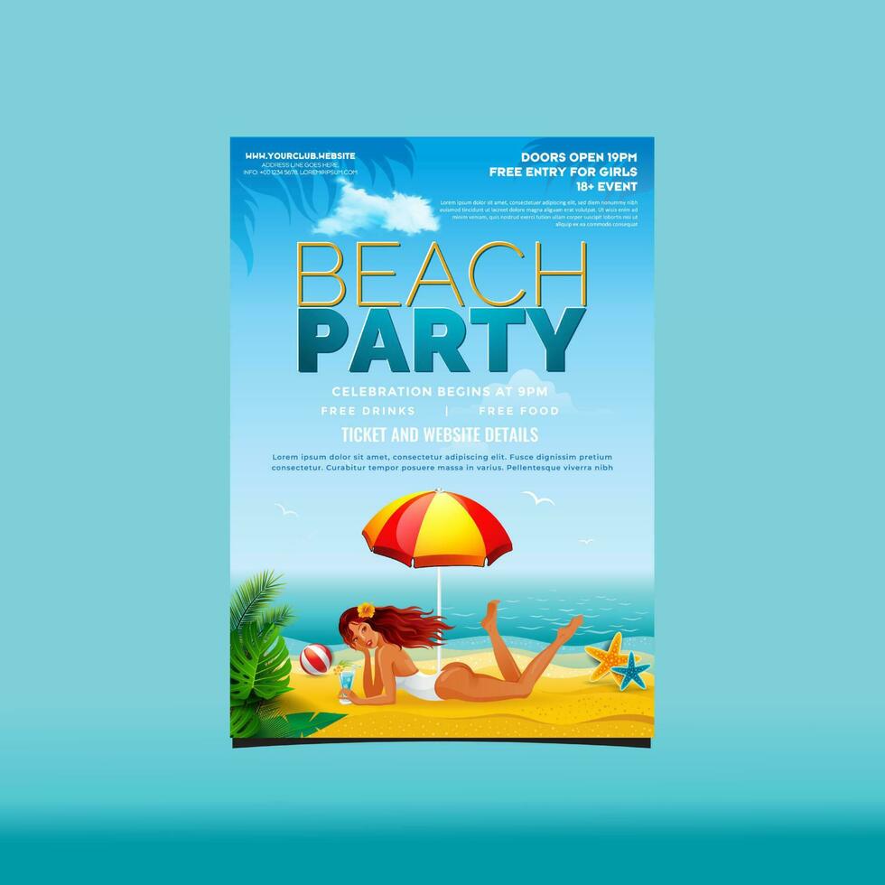 tropical beach  summer party flyer design, illustration, vector