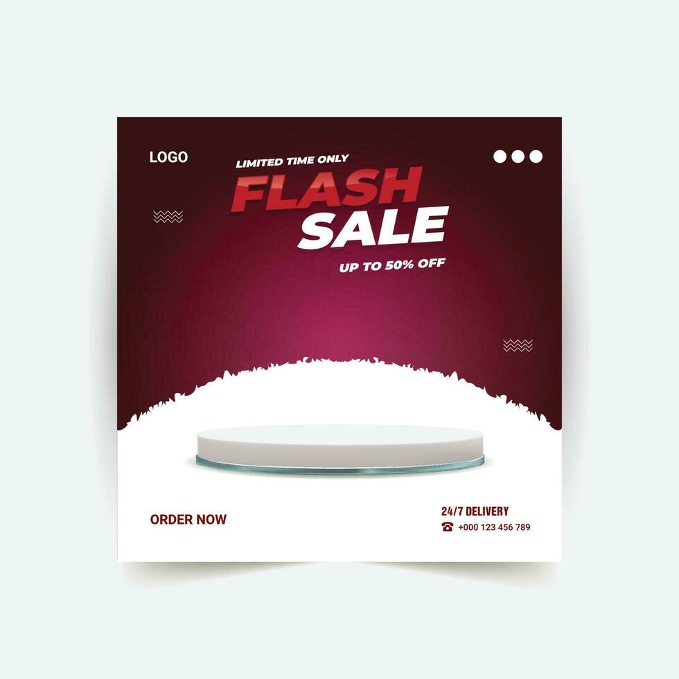 Flash sale social media post template with 3d podium. Banner for product promotion. vector