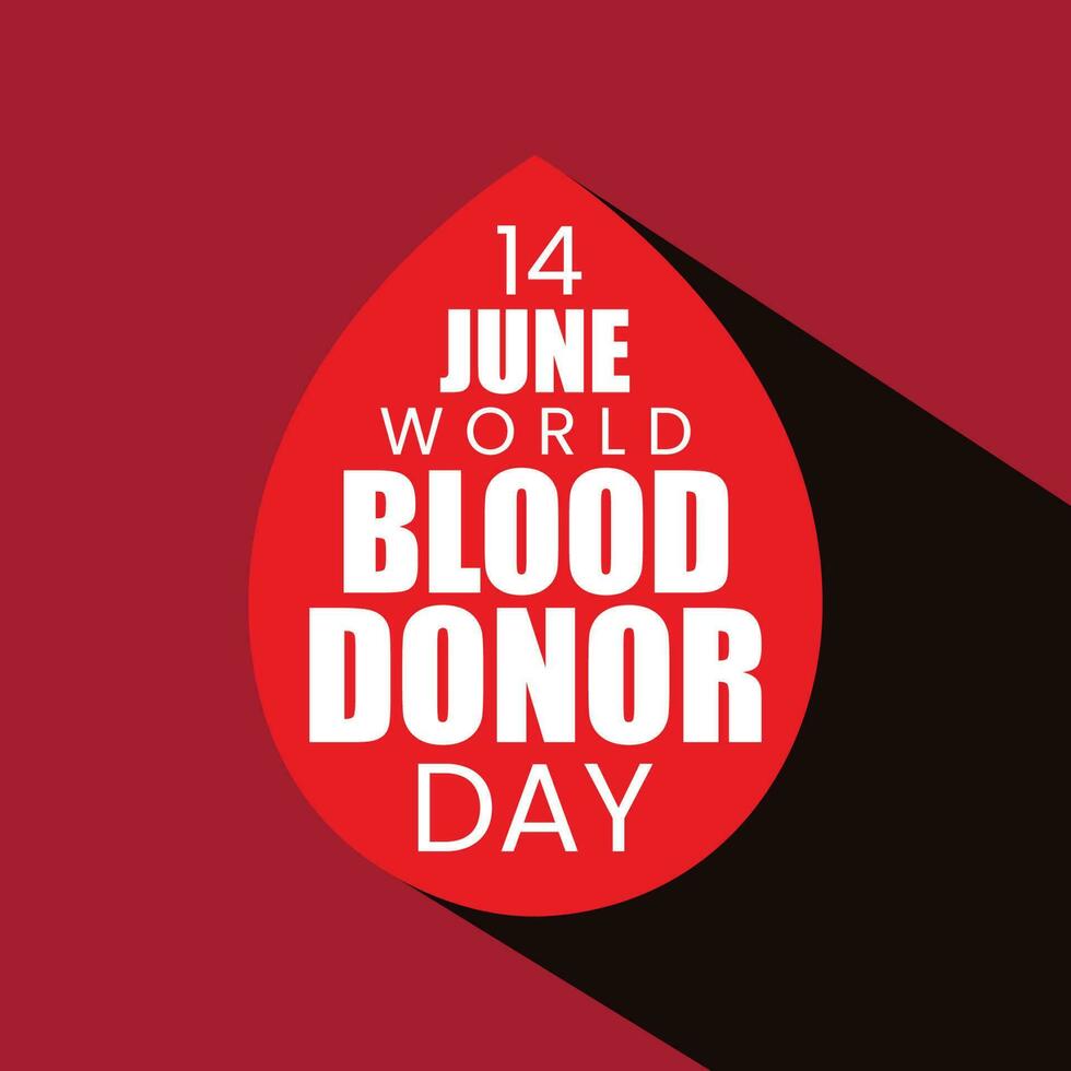 14 June World blood donor day vector lettering template design on red color background. Blood donor logo on blood icon with long shadow.