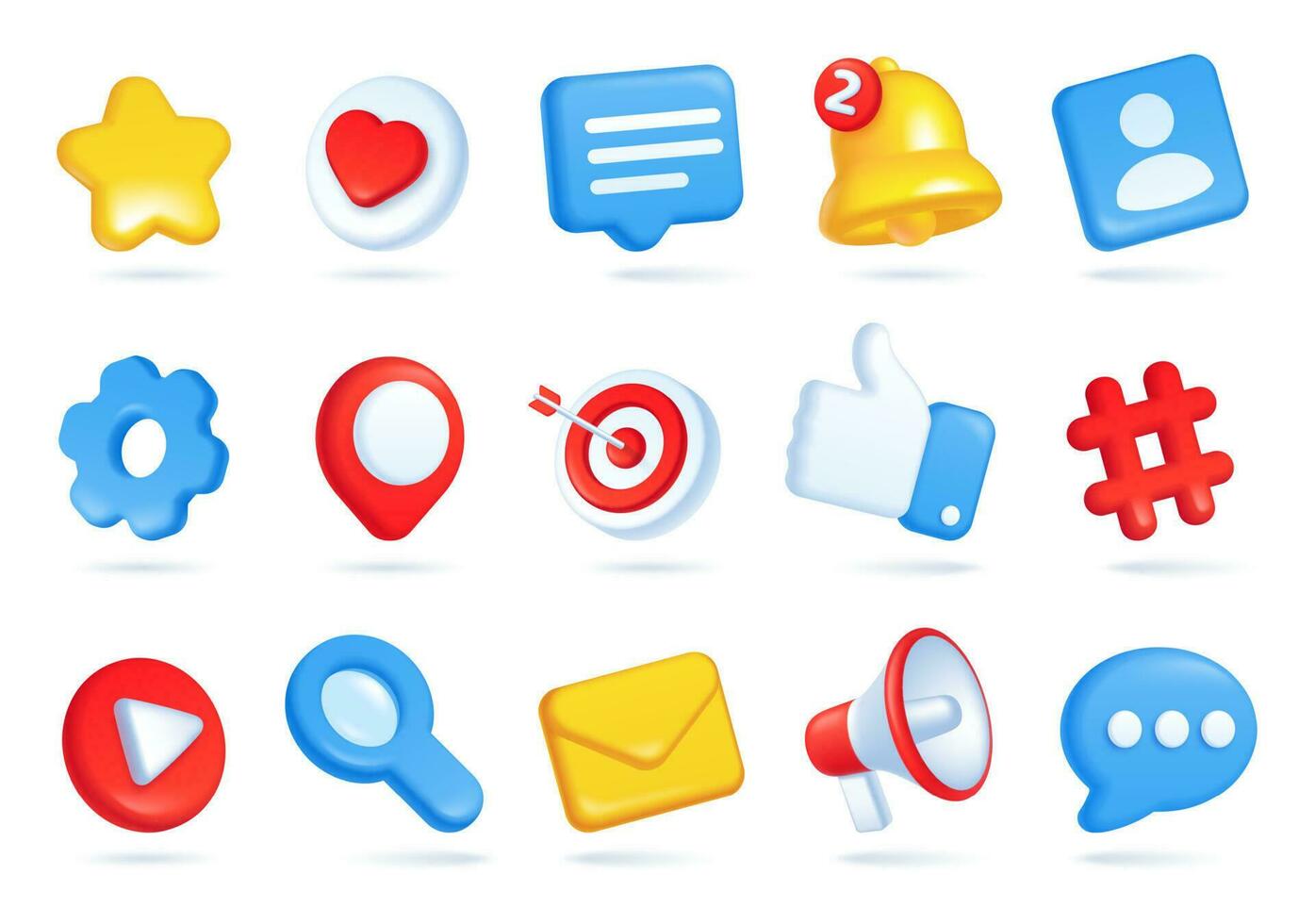 3d social media icons, online communication, digital marketing symbols. Like button, speech bubble, notification bell, hashtag icon vector set