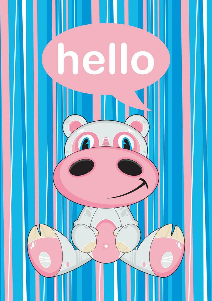 Cute Cartoon Hello Hippo on Striped Background vector