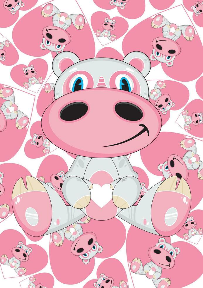 Cute Cartoon Valentine Love Hippo on Patterned Background Animal Illustration vector