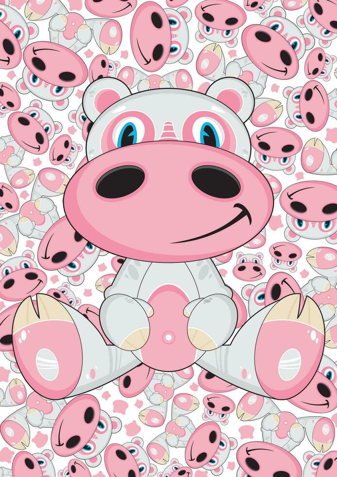 Cute Cartoon Hippo on Patterned Background Illustration vector
