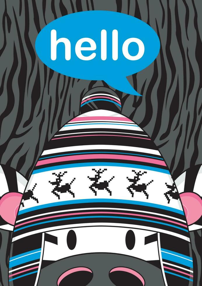 Cartoon Adorable Hello Zebra in Wooly Reindeer Hat Illustration vector