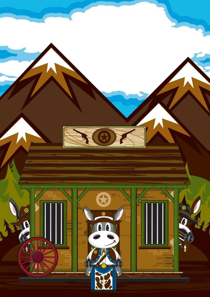 Cute Cartoon Wild West Donkey Cowboy Sheriff at the Jailhouse vector