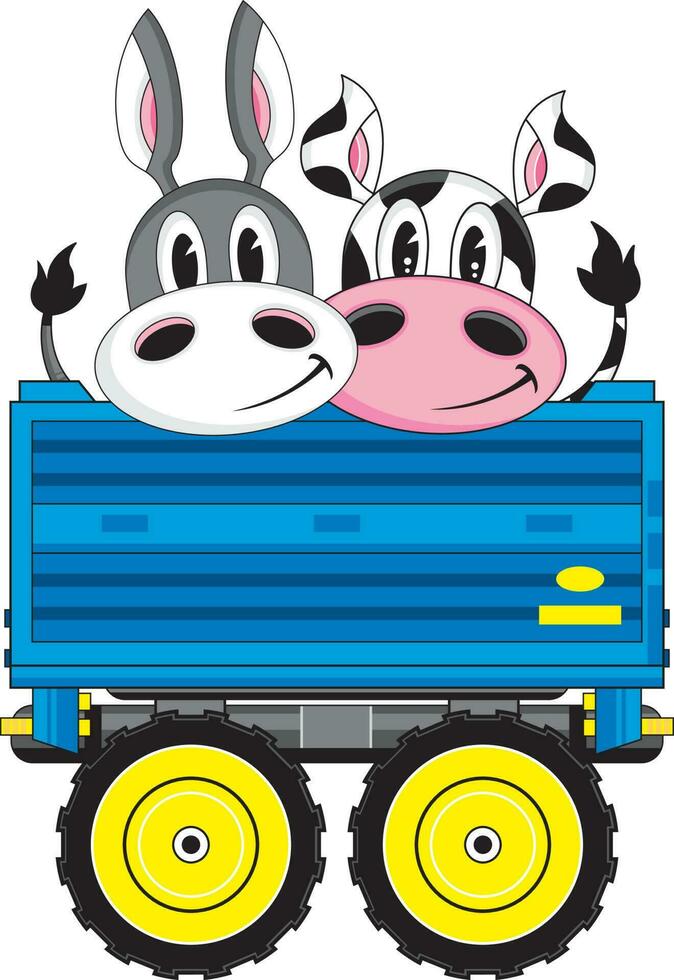 Cute Cartoon Donkey and Cow in Trailer Farmyard Animal Illustration vector