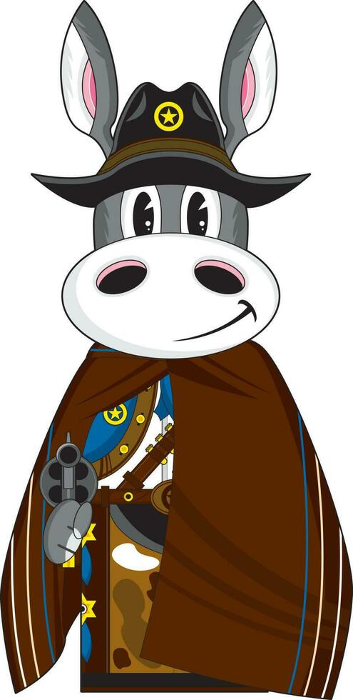 Cute Cartoon Wild West Gunslinging Donkey Cowboy Sheriff with Six Shooter Pistol vector