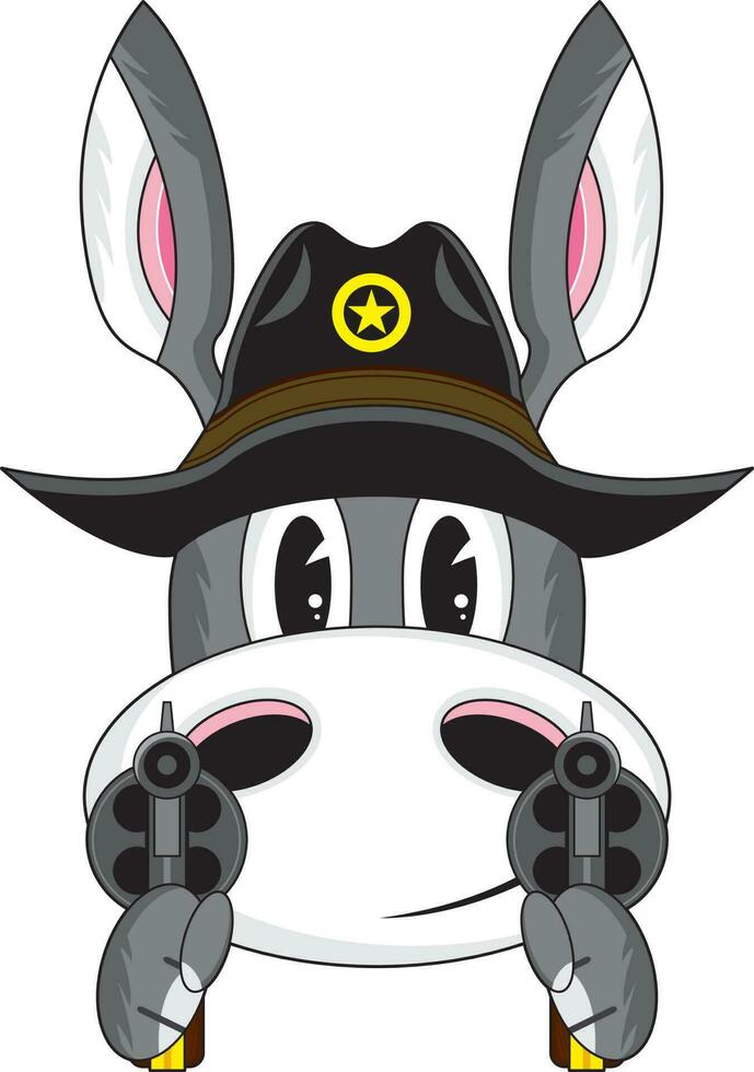 Cute Cartoon Wild West Gunslinging Donkey Cowboy Sheriff with Six Shooter Pistols vector