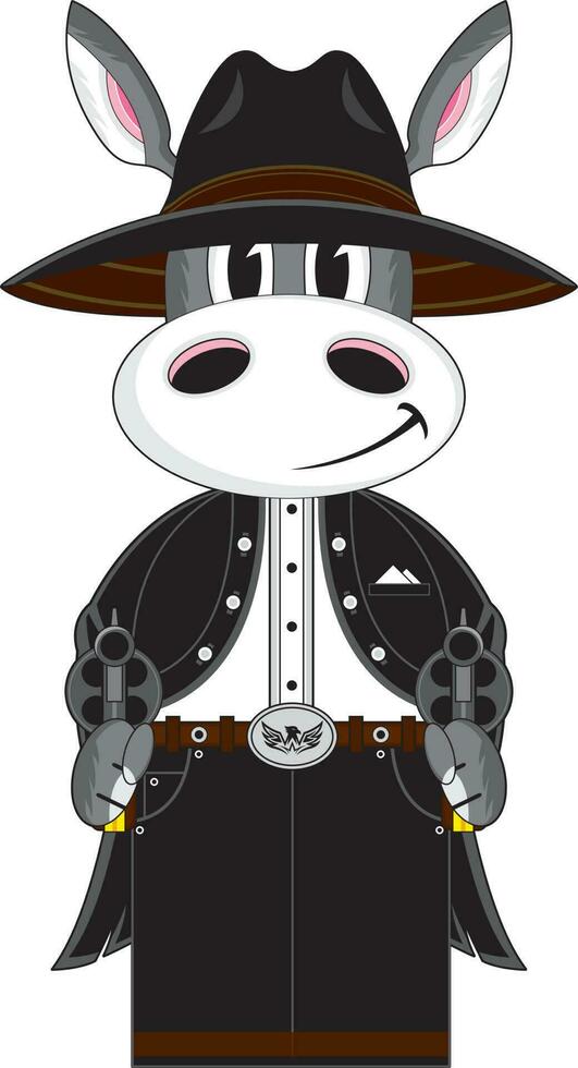 Cute Cartoon Wild West Gunslinging Donkey Cowboy with Six Shooter Pistols vector