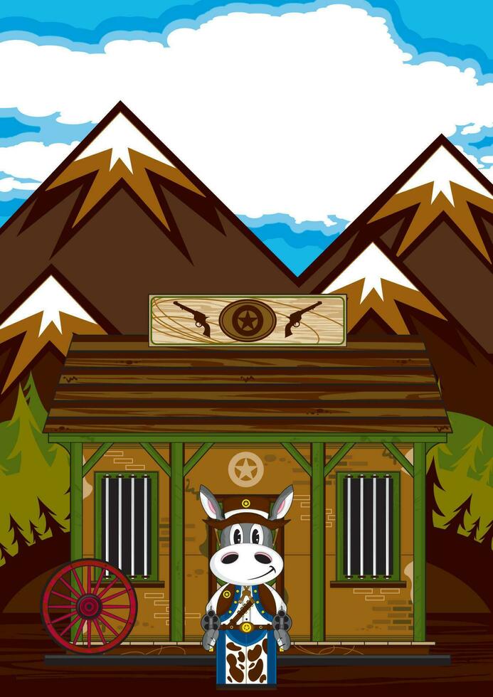 Cute Cartoon Wild West Donkey Cowboy Sheriff at the Jailhouse vector