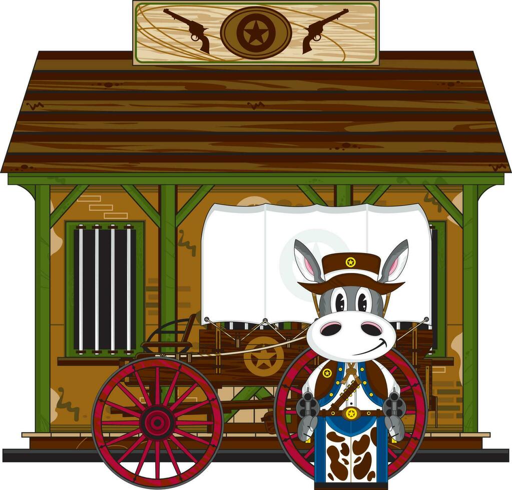 Cute Cartoon Wild West Donkey Cowboy Sheriff at the Jailhouse vector
