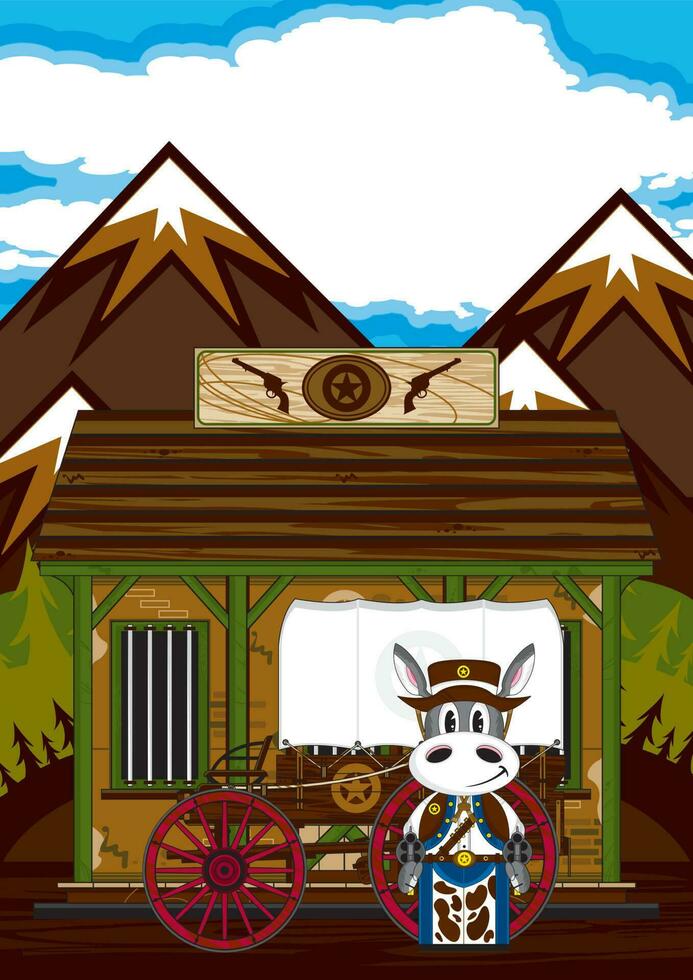 Cute Cartoon Wild West Donkey Cowboy Sheriff at the Jailhouse vector