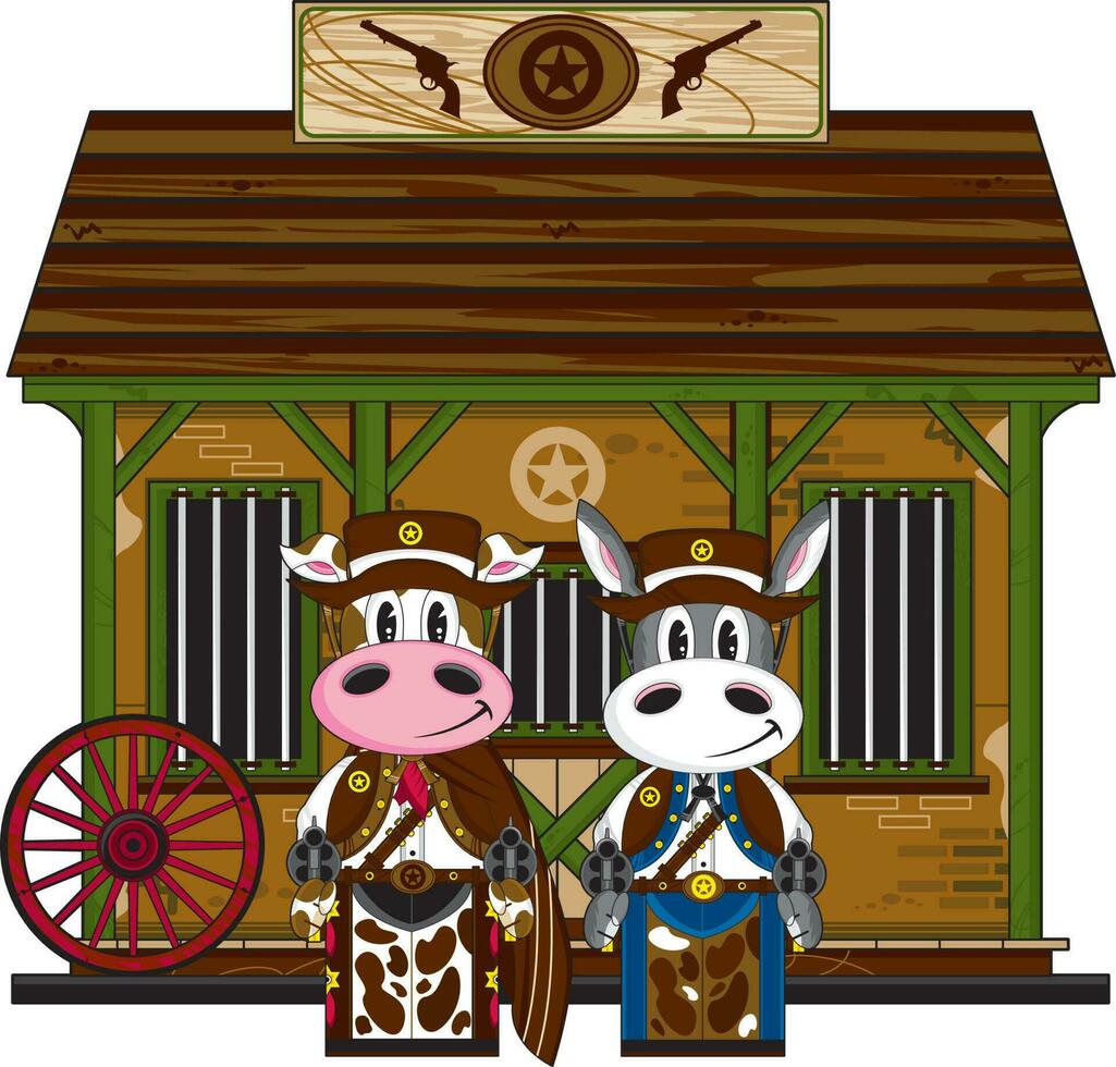 Cute Cartoon Wild West Cow and Donkey Cowboys at the Jailhouse vector